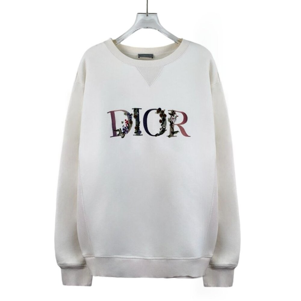 Dior White Floral Embroidered Logo Cotton Sweatshirt XL Round-Neck Long-Sleeve M
